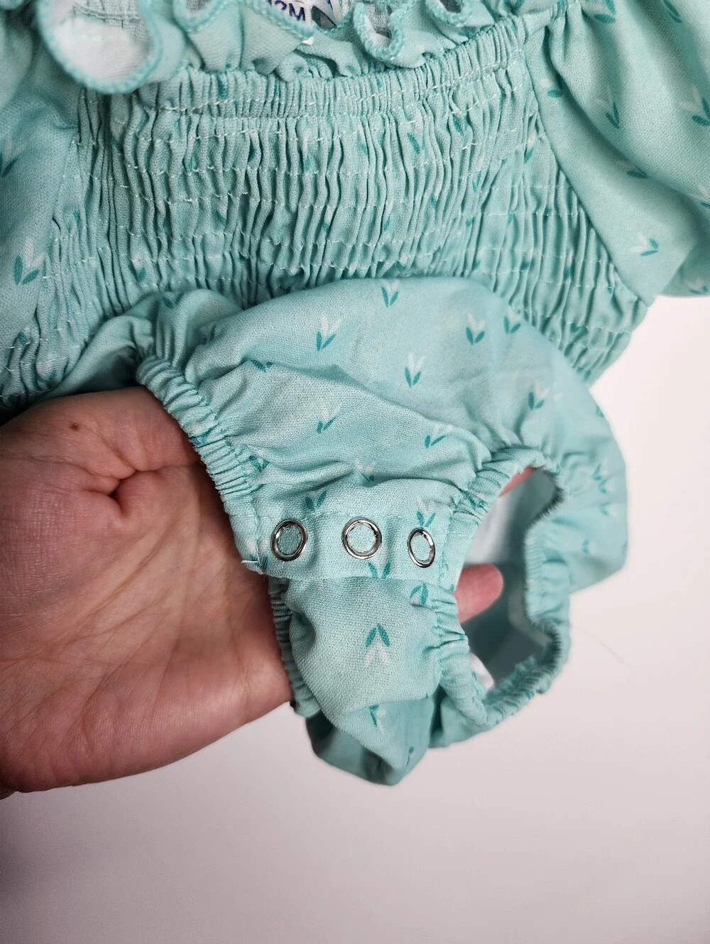 Smocked Puff Sleeve Baby Romper in Mint Green, Size 9-12m